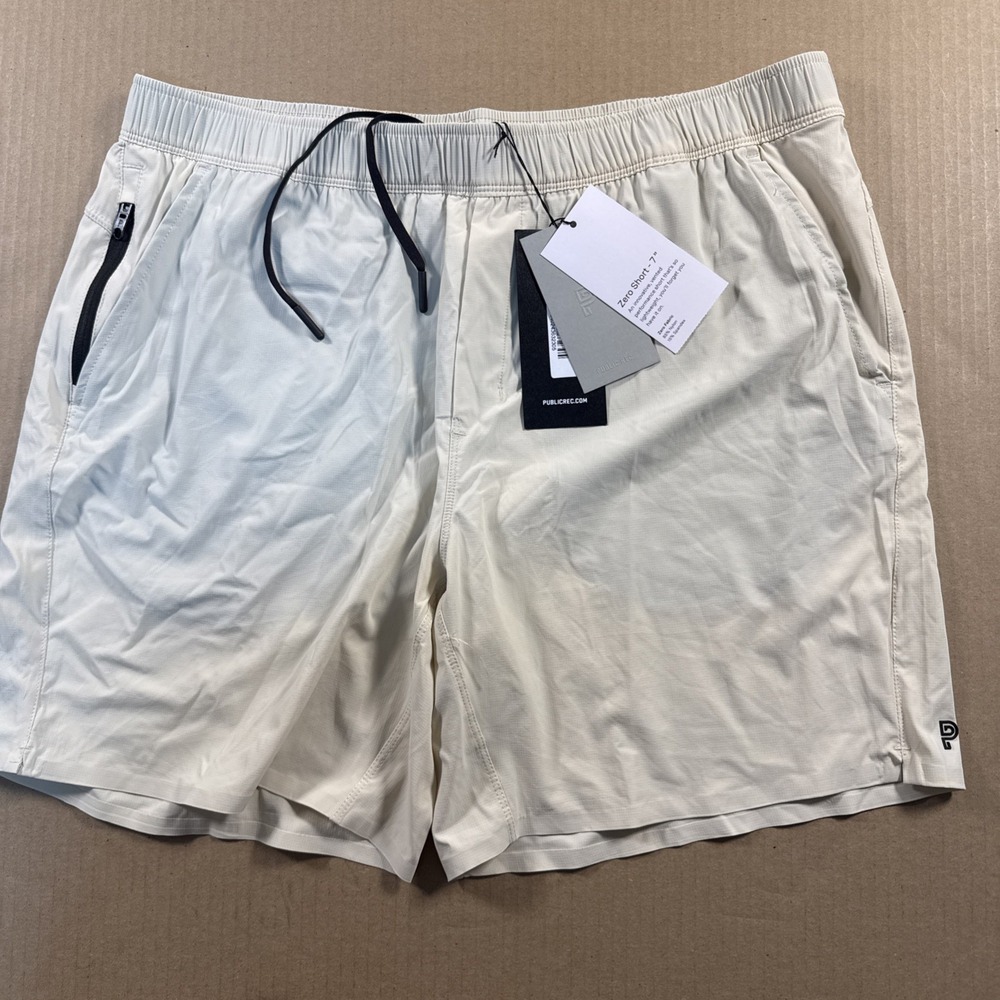 Public Rec Mens Zero Short 7" Shorts Size 34 Sand Beige Nylon Stretch Gym NWT